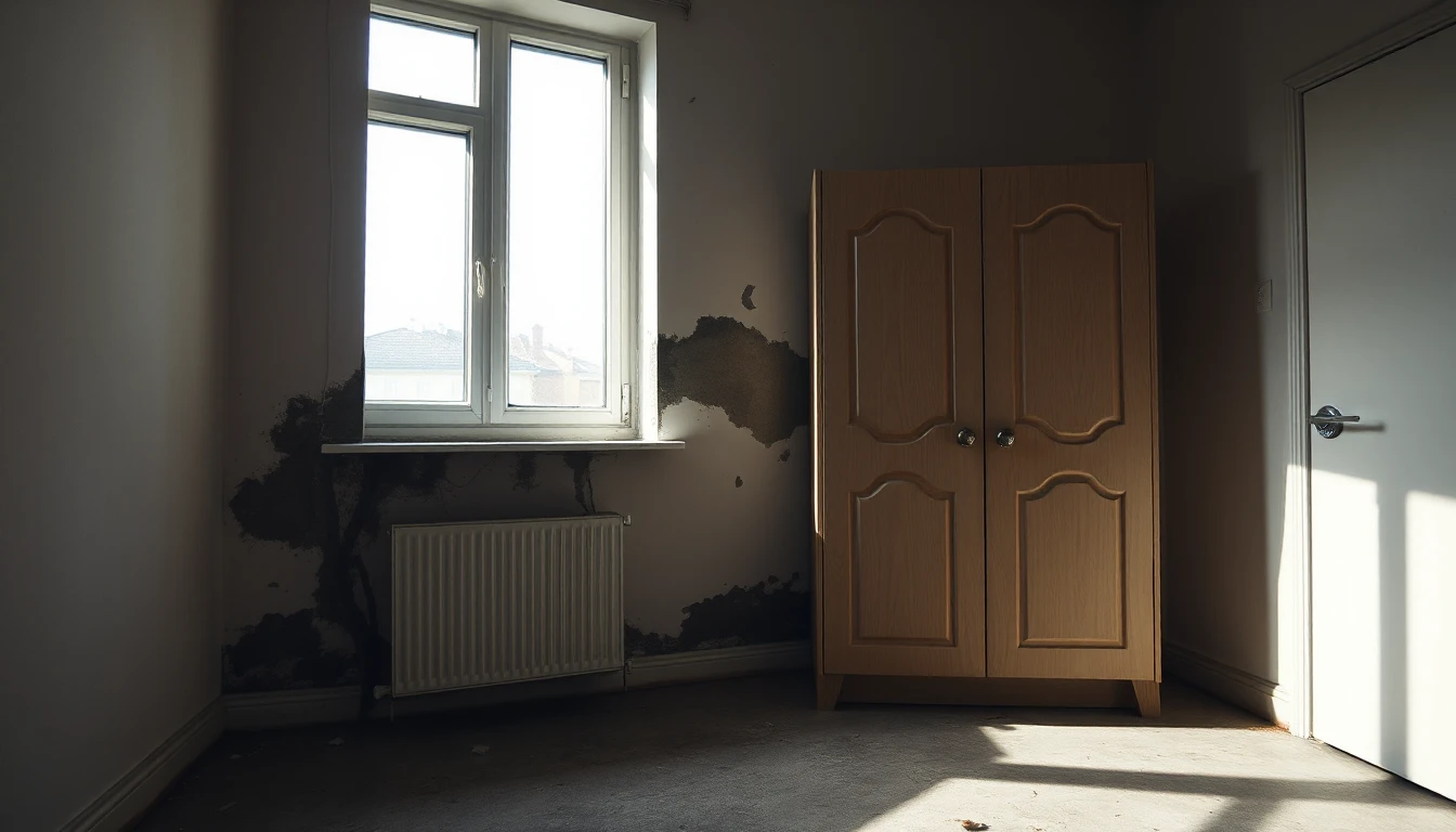 KI-Symbolbild: Ein Schlafzimmer in einer älteren Mietwohnung mit dunklen Feuchte- und Schimmelflecken an der Wand neben Fenster und Kleiderschrank.