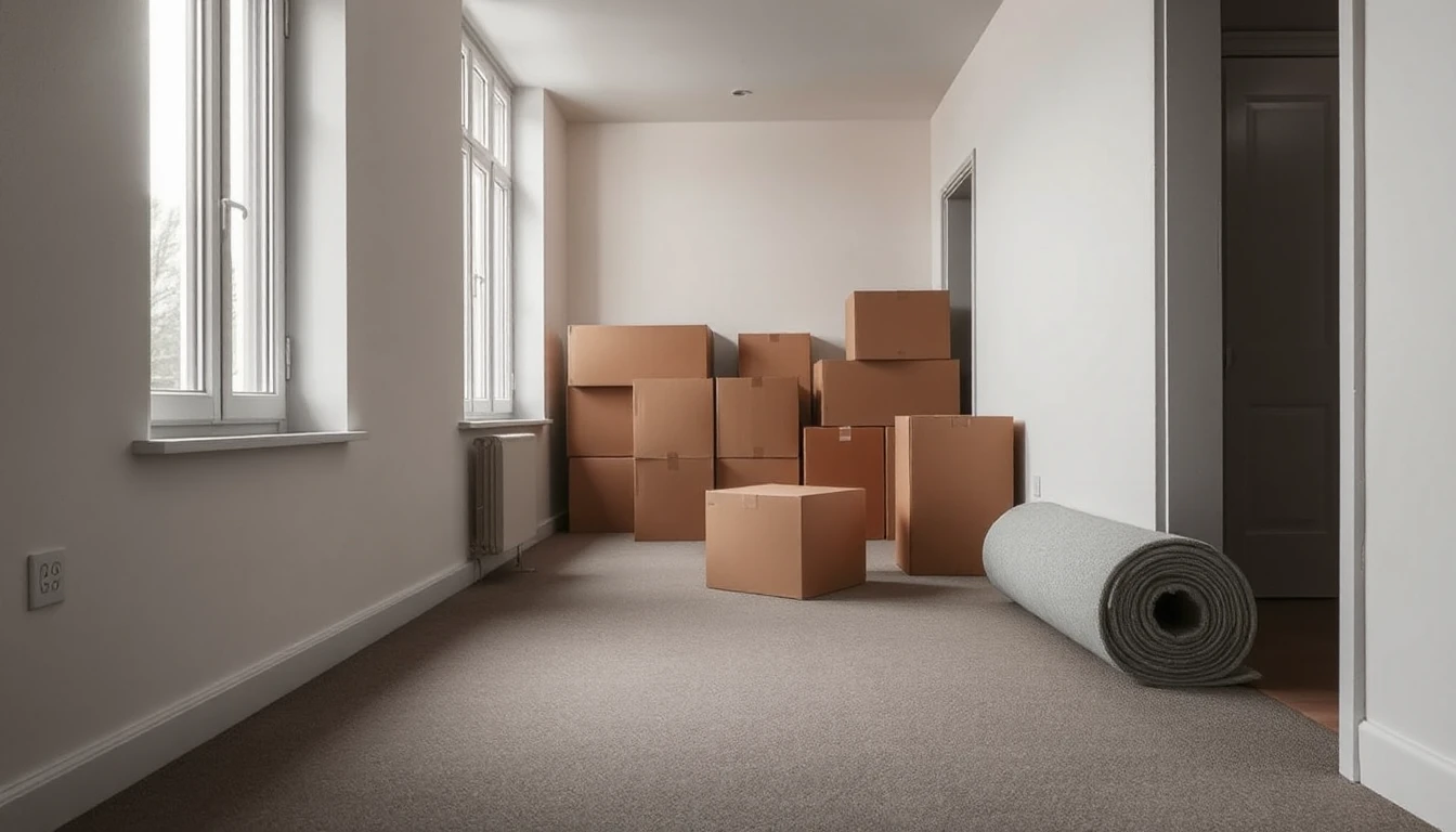 KI-Symbolbild: Eine halb leere Wohnung mit gestapelten unbeschrifteten Umzugskartons und einem aufgerollten Teppich.