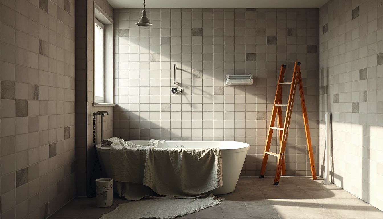 KI-Symbolbild: Ein gefliestes Badezimmer mit einer Abdeckplane über der Badewanne, einer Holzleiter und einem Eimer während der Reparatur.