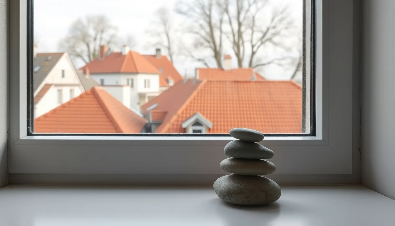 KI-Symbolbild: Ein kleiner Turm aus glatten Flusssteinen auf einer Fensterbank, dahinter rote Ziegeldächer und Bäume.