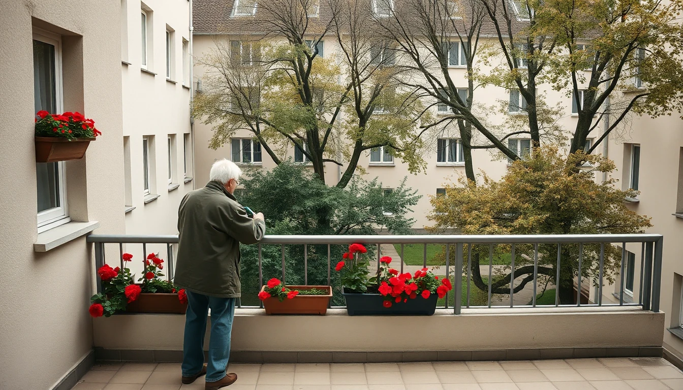 KI-Symbolbild: Ein älterer Mann steht von hinten gesehen auf einem Balkon mit roten Geranien und blickt in einen begrünten Innenhof zwischen Mietshäusern.