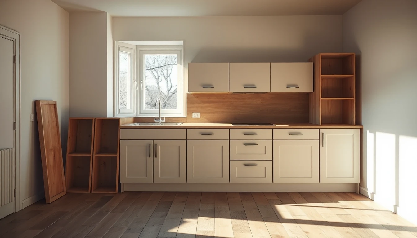KI-Symbolbild: Eine Einbauküche in einer leeren Wohnung, daneben abgebaute Holzkorpusse und eine Platte an der Wand gelehnt, Sonne auf dem Dielenboden.