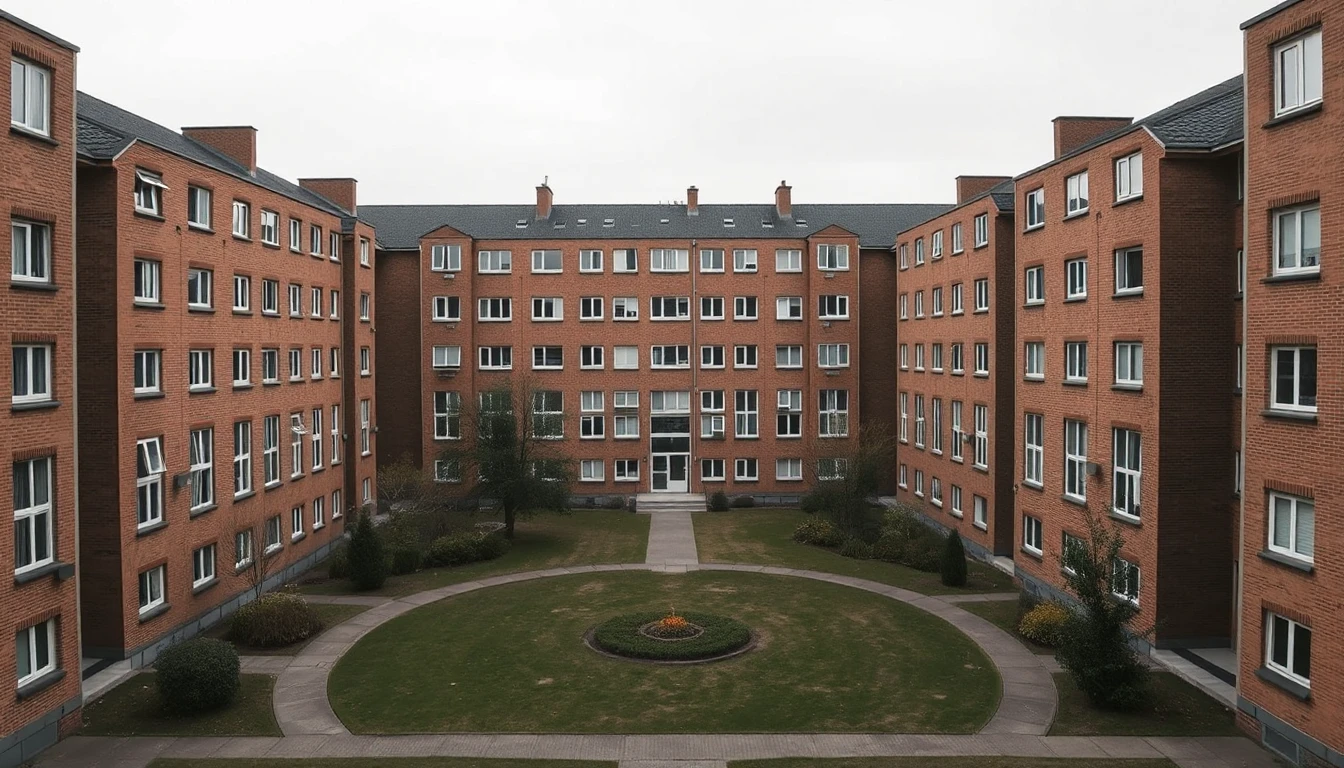 KI-Symbolbild: Eine Wohnanlage aus gleichförmigen Backsteinbauten rund um einen grünen Innenhof unter bedecktem Himmel.