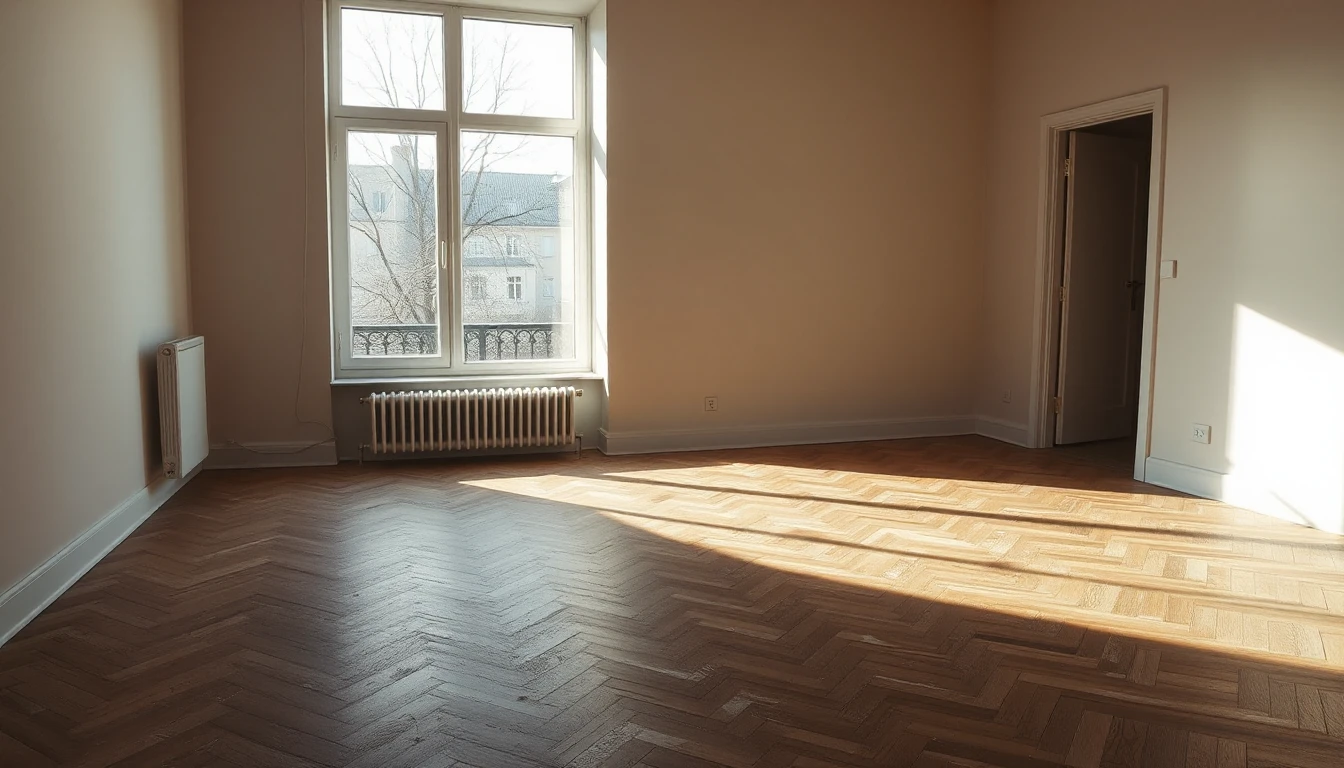 KI-Symbolbild: Eine leere Altbauwohnung mit Fischgrätparkett und einem hohen Fenster zum winterlichen Hof im Nachmittagslicht.