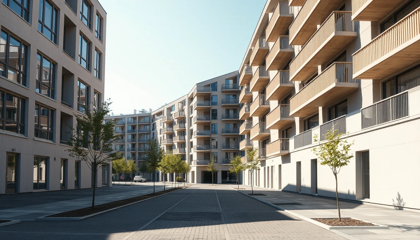 KI-Symbolbild: Eine Neubaustraße mit hellen Wohnhäusern, Holzbalkonen und frisch gepflanzten jungen Bäumen im Mittagslicht.