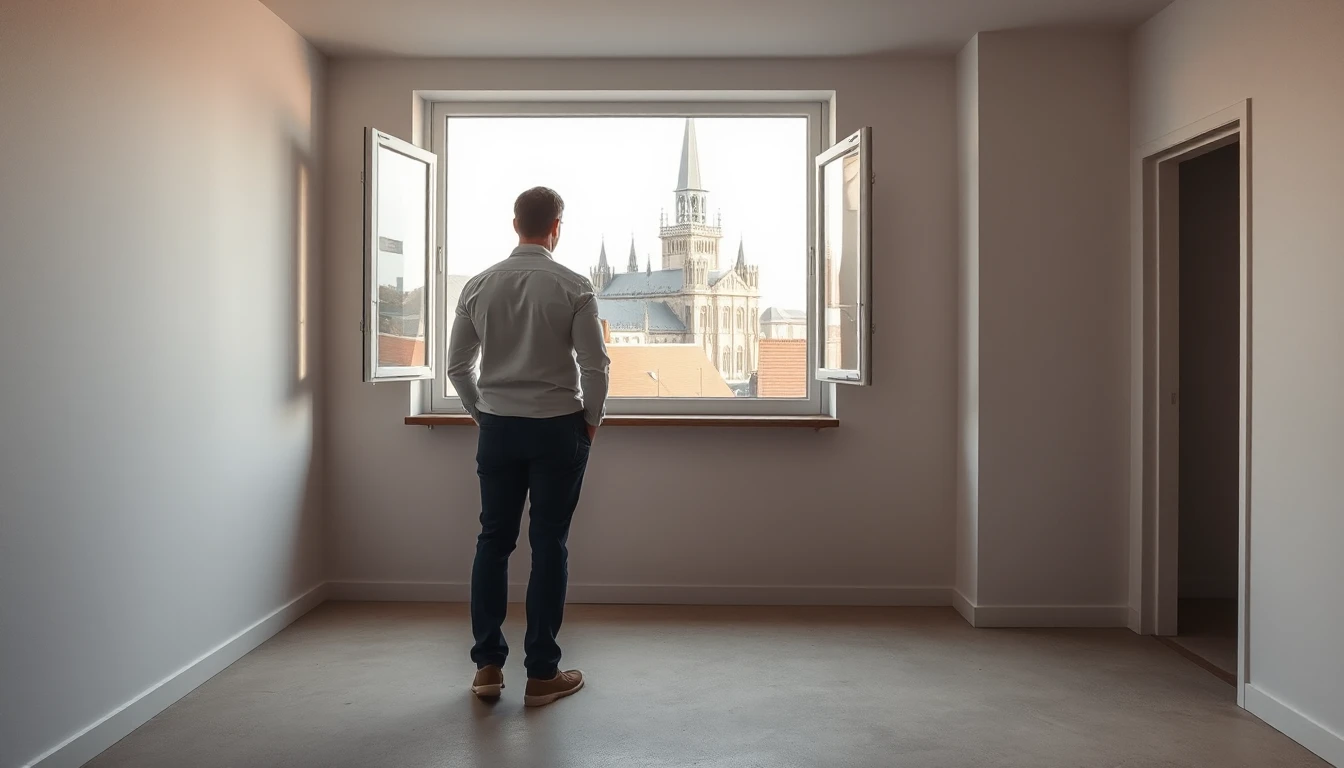 KI-Symbolbild: Eine Person steht von hinten gesehen in einem leeren Zimmer vor einem geöffneten Fenster mit Blick auf eine Kirchturmspitze.