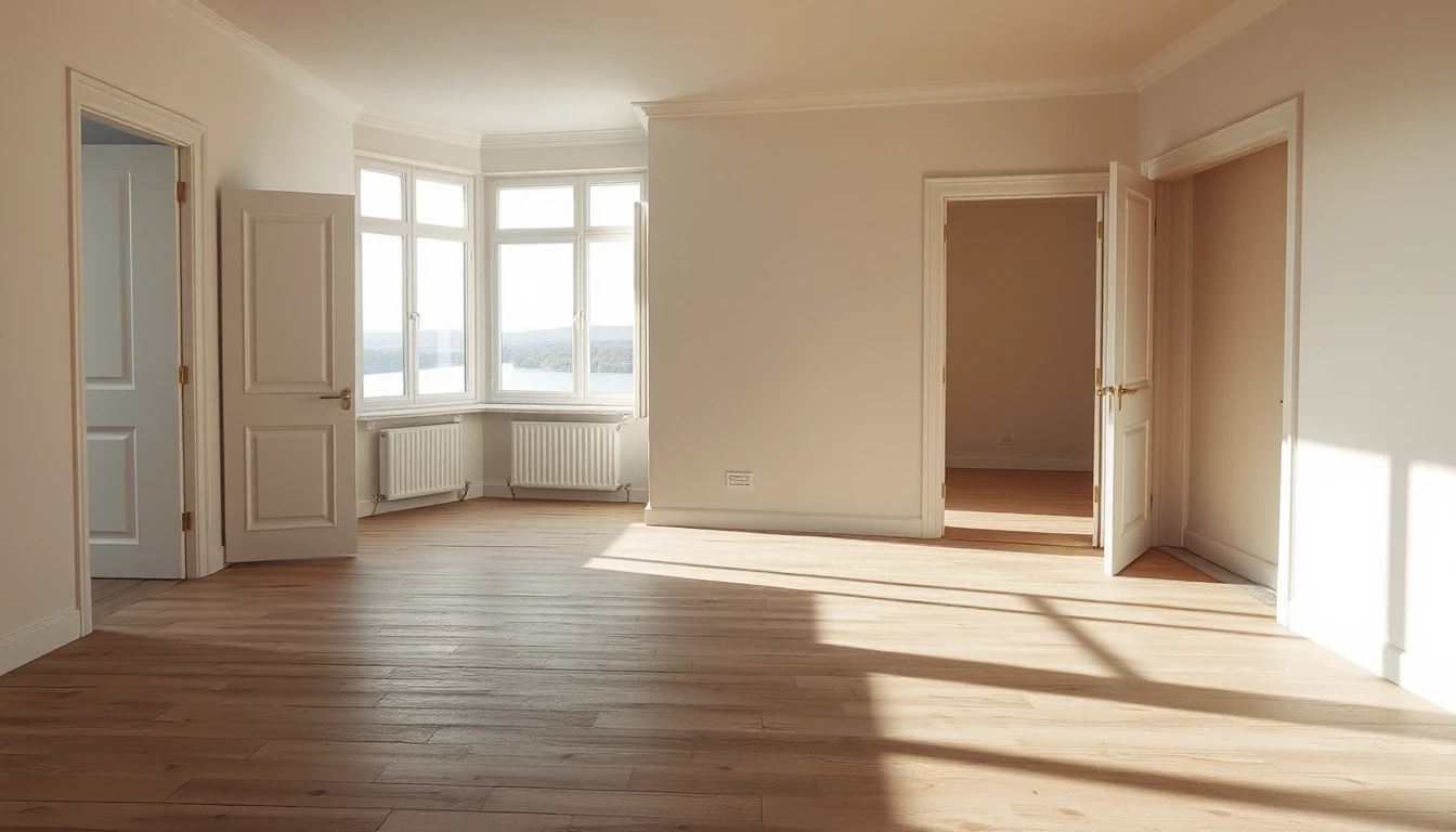 KI-Symbolbild: Eine leere, frisch gestrichene Wohnung mit offenen Türen zwischen den Räumen, Sonnenlicht auf dem Holzboden und Blick auf einen Fluss.