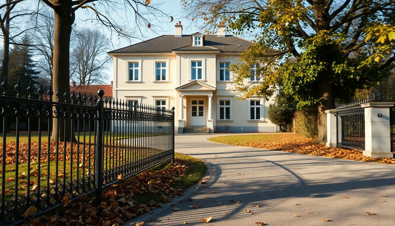 KI-Symbolbild: Eine helle Villa hinter einem schmiedeeisernen Zaun mit Herbstlaub auf dem Weg an einem klaren Morgen.
