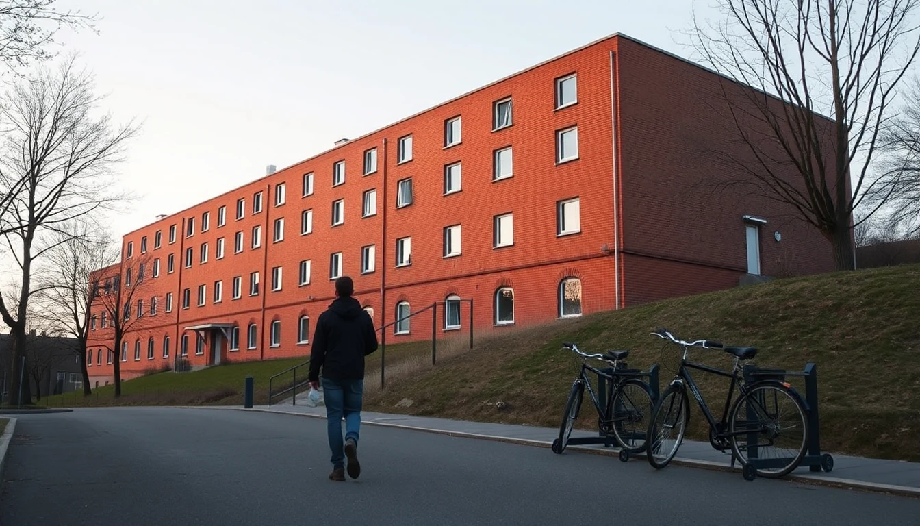 KI-Symbolbild: Ein schlichtes Wohnheim aus rotem Backstein an einem Hang, ein Student von hinten auf dem Weg und Fahrräder am Ständer.