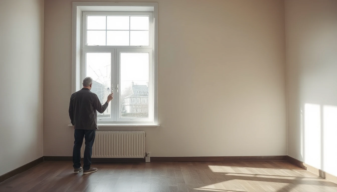 KI-Symbolbild: Ein Mann prüft von hinten gesehen eine gesprungene Fensterscheibe in einem leeren, hellen Wohnzimmer.