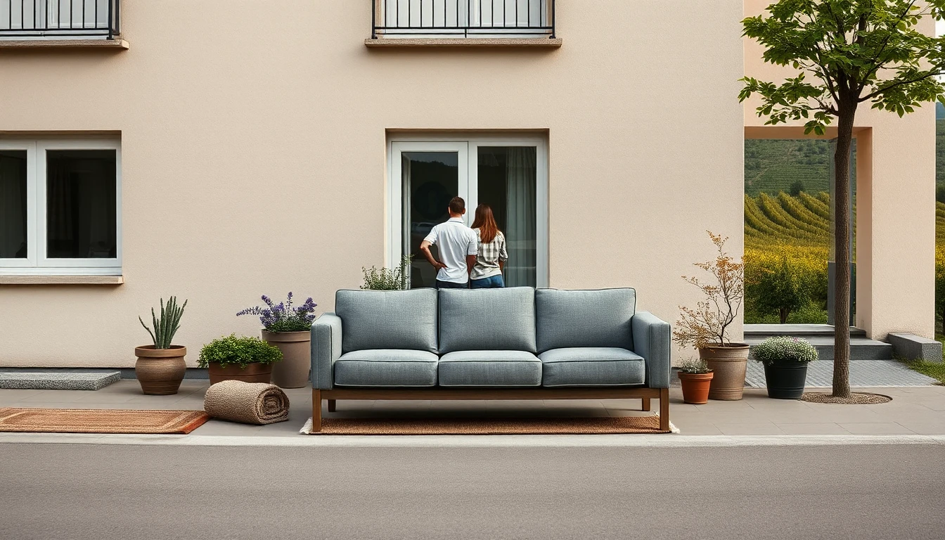KI-Symbolbild: Ein graues Sofa steht auf dem Gehweg vor einem schlichten Mietshaus, dahinter ein Paar von hinten vor der Haustür und Weinberge am Rand.