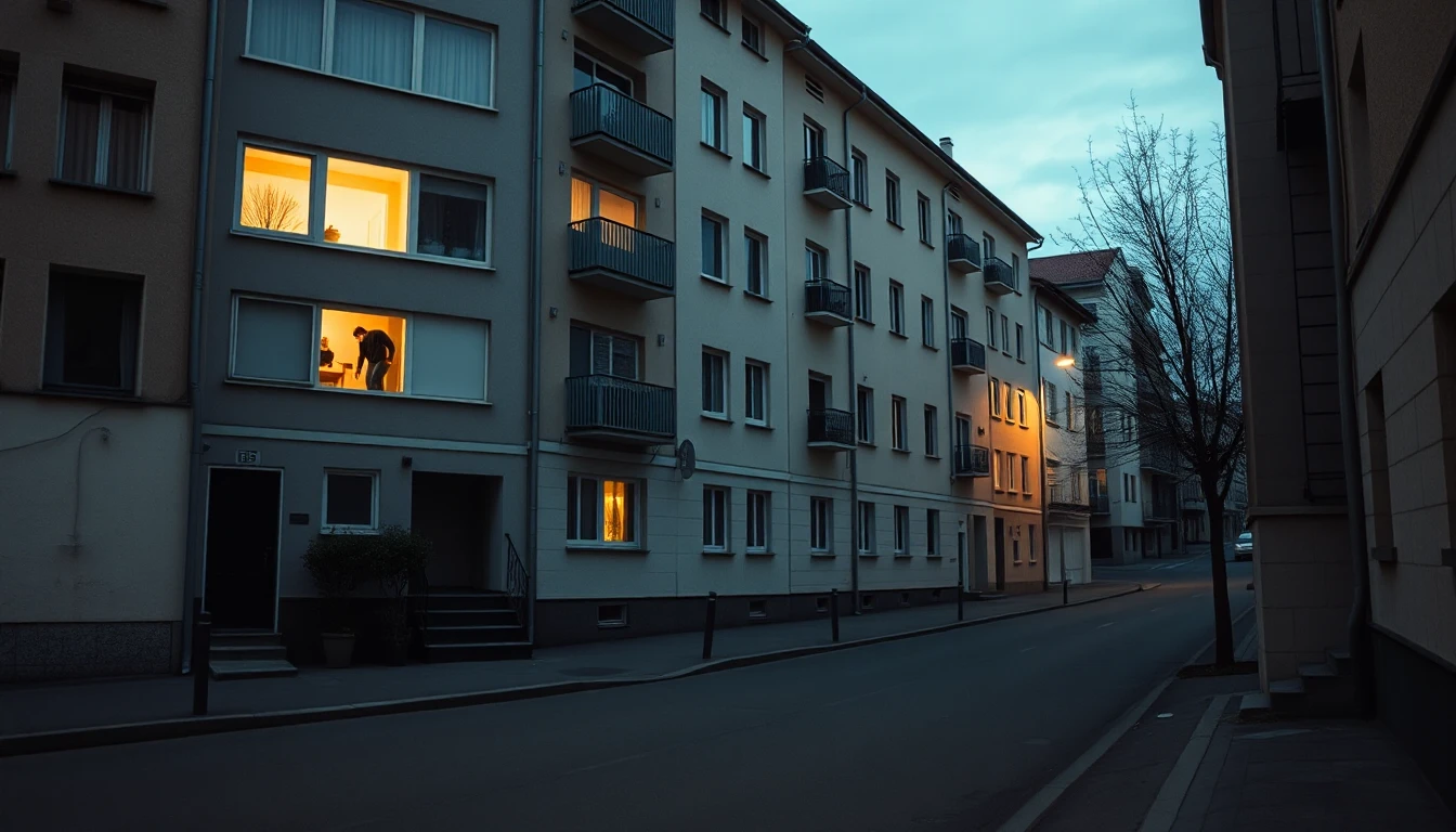 KI-Symbolbild: Ein mehrstöckiges Mietshaus an einer stillen Straße in der Abenddämmerung, hinter einem erleuchteten Fenster ist eine Person zu sehen.