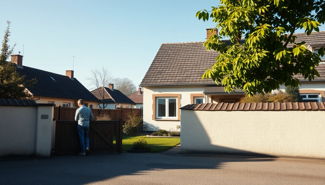 KI-Symbolbild: Ein Mann steht von hinten gesehen am Holztor vor einem hellen Einfamilienhaus mit Vorgarten.