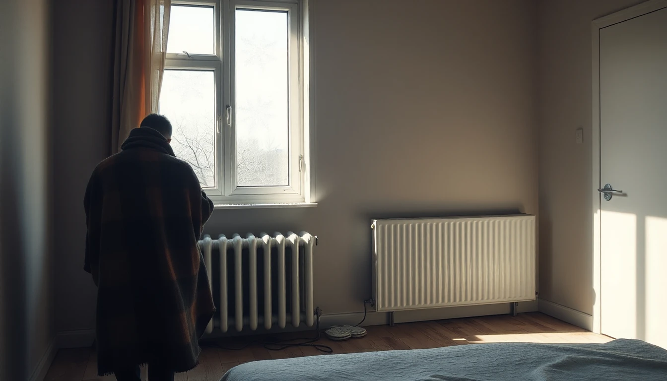 KI-Symbolbild: Eine Person steht von hinten gesehen in eine Decke gehüllt neben einem Heizkörper am Fenster.
