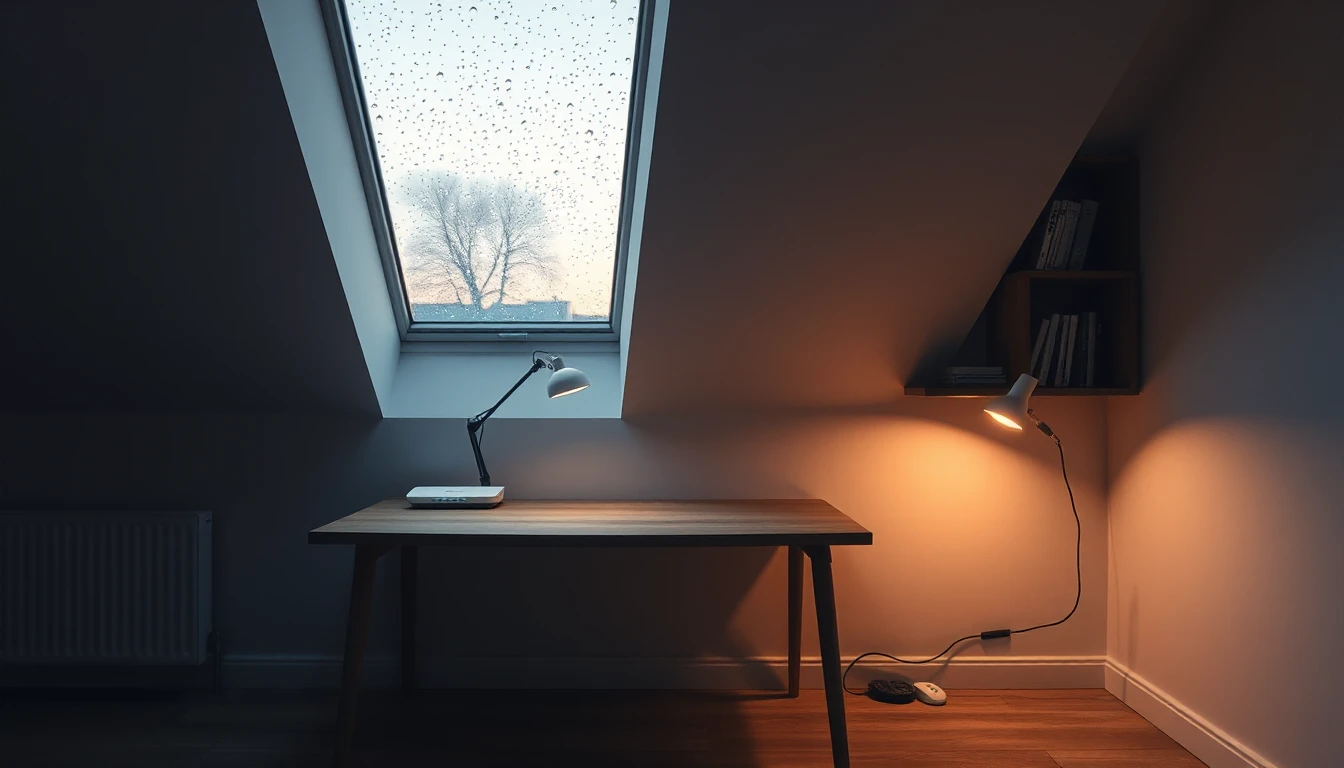 KI-Symbolbild: Ein leerer Schreibtisch mit Lampe und weißem Router unter einem regennassen Dachfenster.