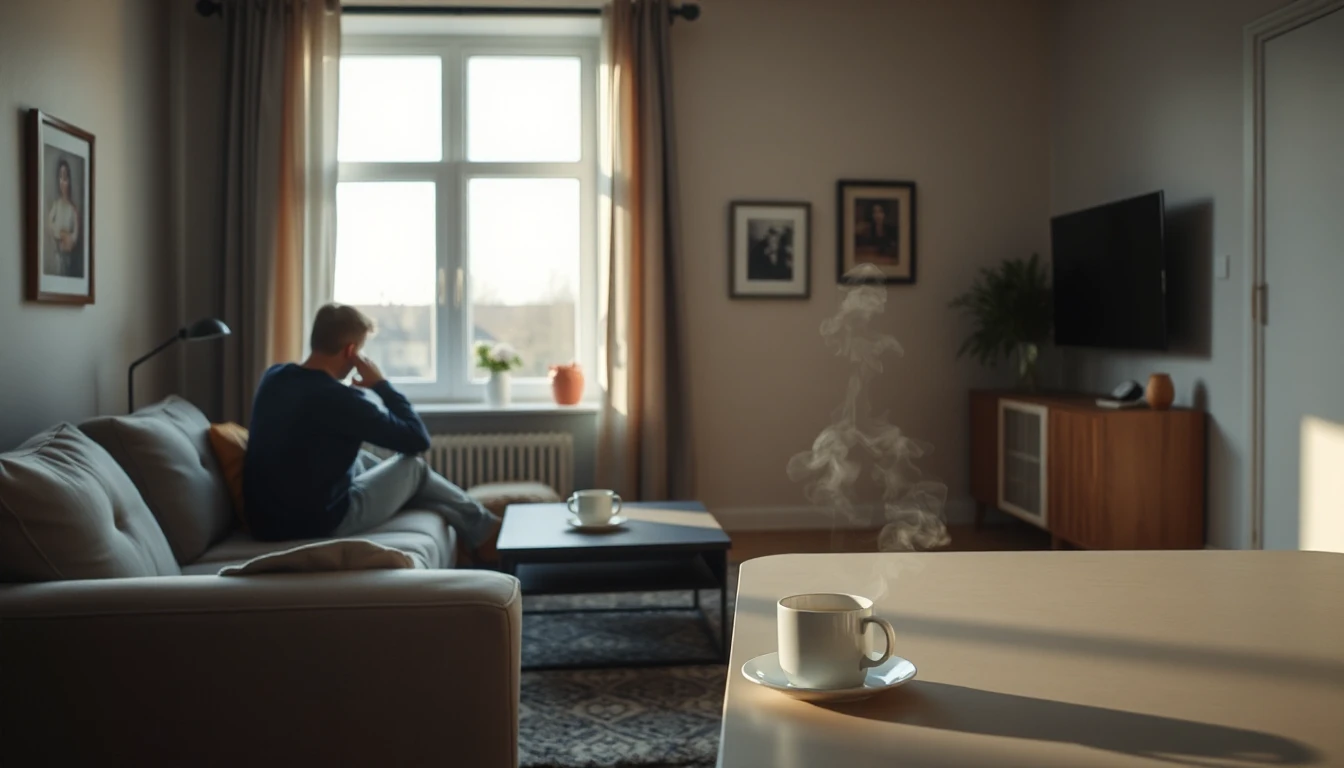 KI-Symbolbild: Ein Mann sitzt von hinten gesehen auf dem Sofa am Fenster, im Vordergrund eine dampfende Kaffeetasse.