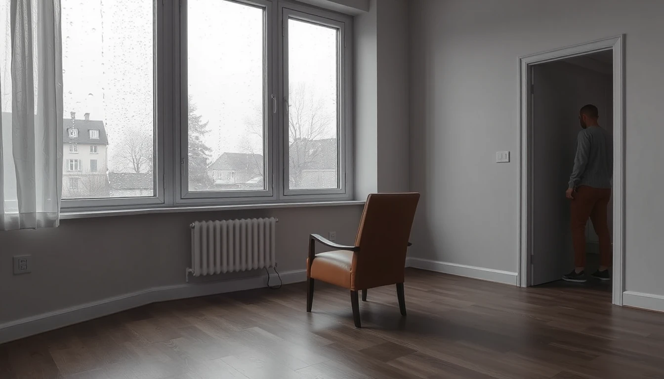 KI-Symbolbild: Ein einzelner Sessel in einem leeren Wohnzimmer vor einem regennassen Fenster, ein Mann geht durch die Tür.