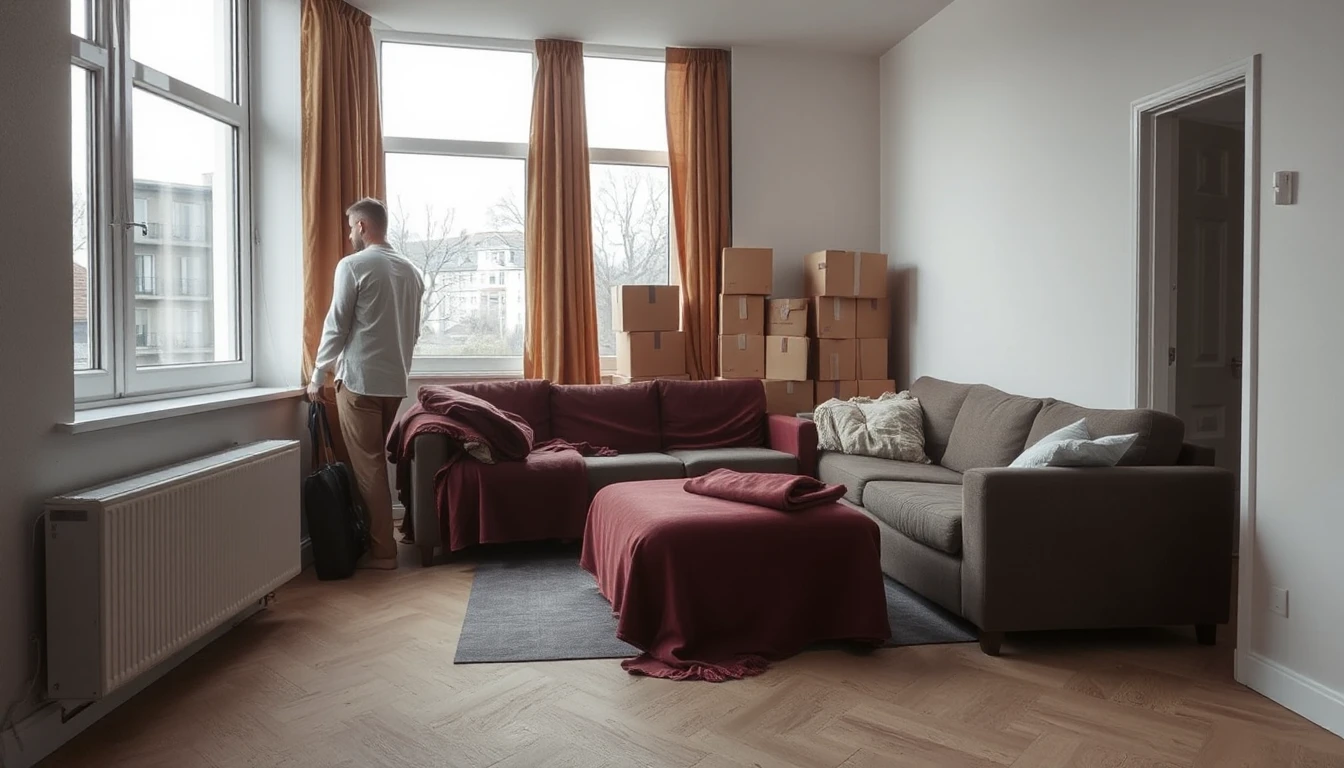 KI-Symbolbild: Ein Wohnzimmer mit abgedeckten Sofas und gestapelten Umzugskartons, ein Mann blickt aus dem Fenster.