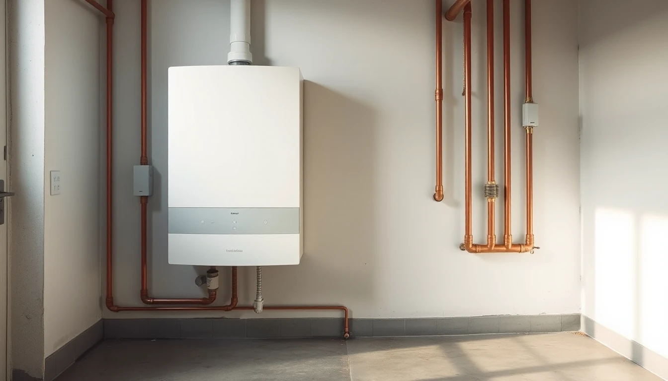 KI-Symbolbild: Eine weiße Gas-Brennwerttherme mit neuen Kupferrohren an einer hellen Kellerwand.