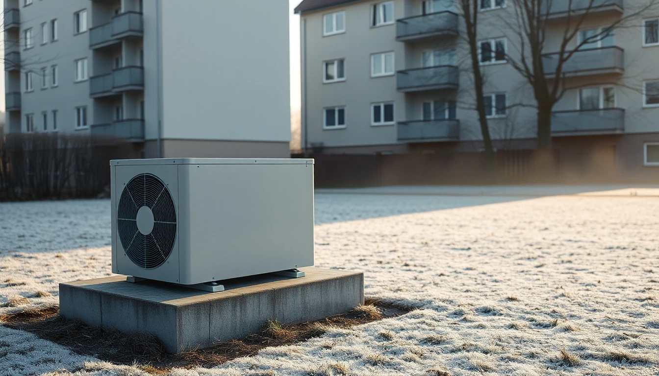 KI-Symbolbild: Eine Wärmepumpe auf einem Betonsockel auf bereifter Wiese hinter Mietblöcken.