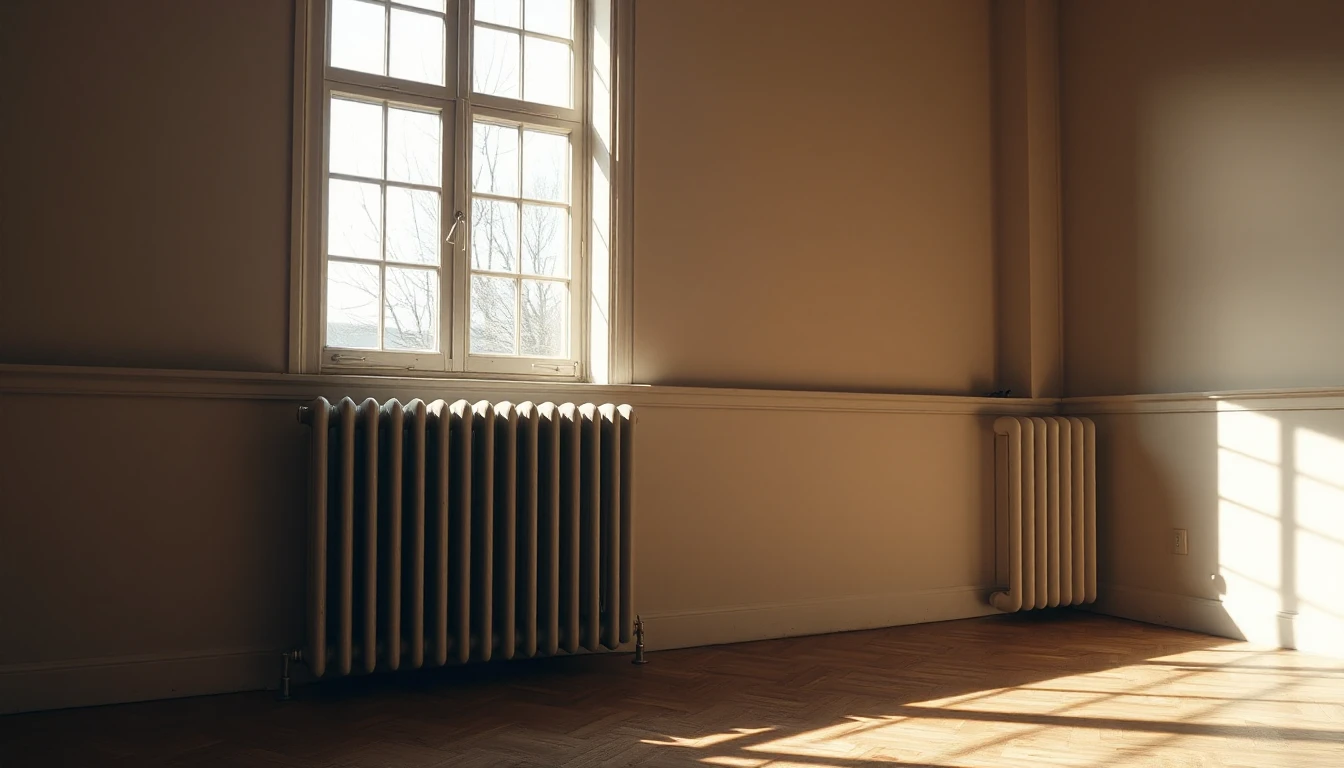 KI-Symbolbild: Alte gusseiserne Heizkörper unter einem hohen Fenster in einem leeren Altbauzimmer mit Parkett.