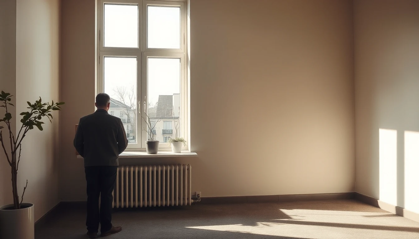 KI-Symbolbild: Ein Mann steht von hinten gesehen am Fenster einer Wohnung mit Pflanzen auf dem Fensterbrett.