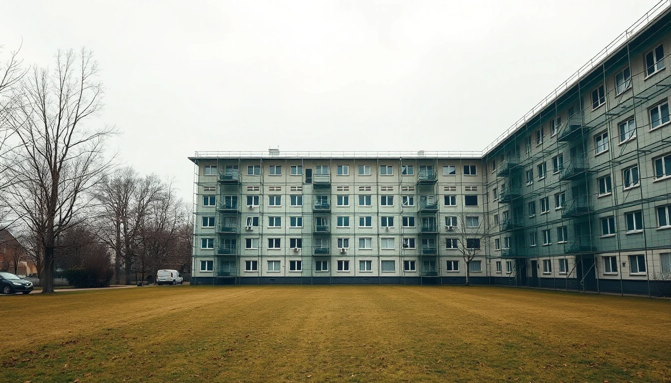 KI-Symbolbild: Ein eingerüsteter Wohnblock mit grünem Baunetz hinter einer weiten Rasenfläche unter grauem Himmel.
