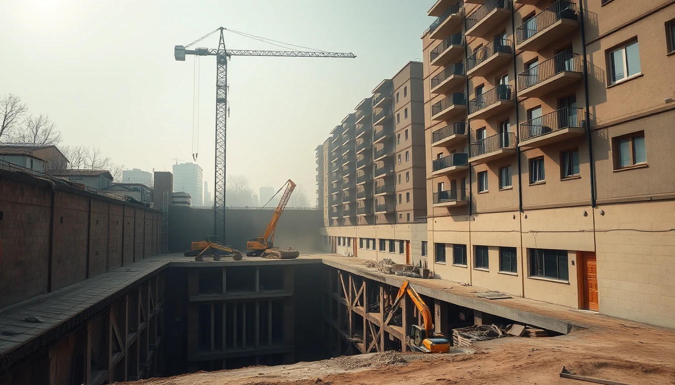 KI-Symbolbild: Eine tiefe Baugrube mit Turmkran und Baggern direkt neben einem Wohnhaus mit Balkonen.