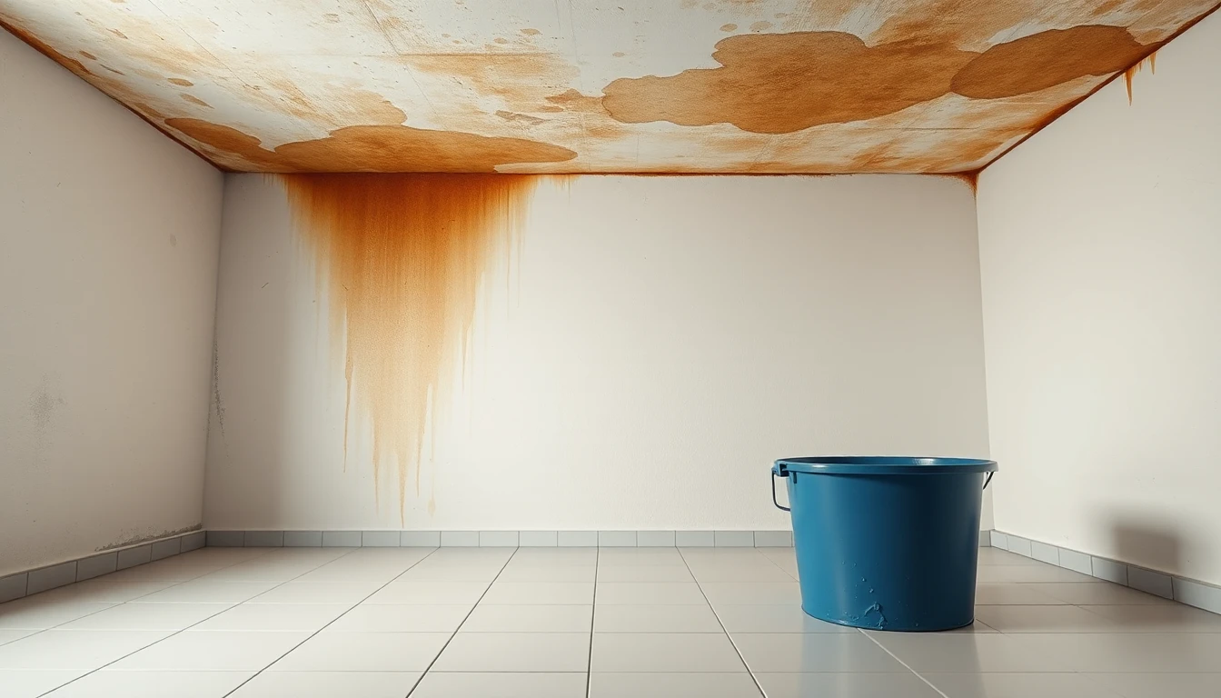 KI-Symbolbild: Ein leerer Raum mit bräunlichen Wasserflecken an der Decke und einer Laufspur an der Wand, darunter steht ein blauer Eimer auf hellen Fliesen.
