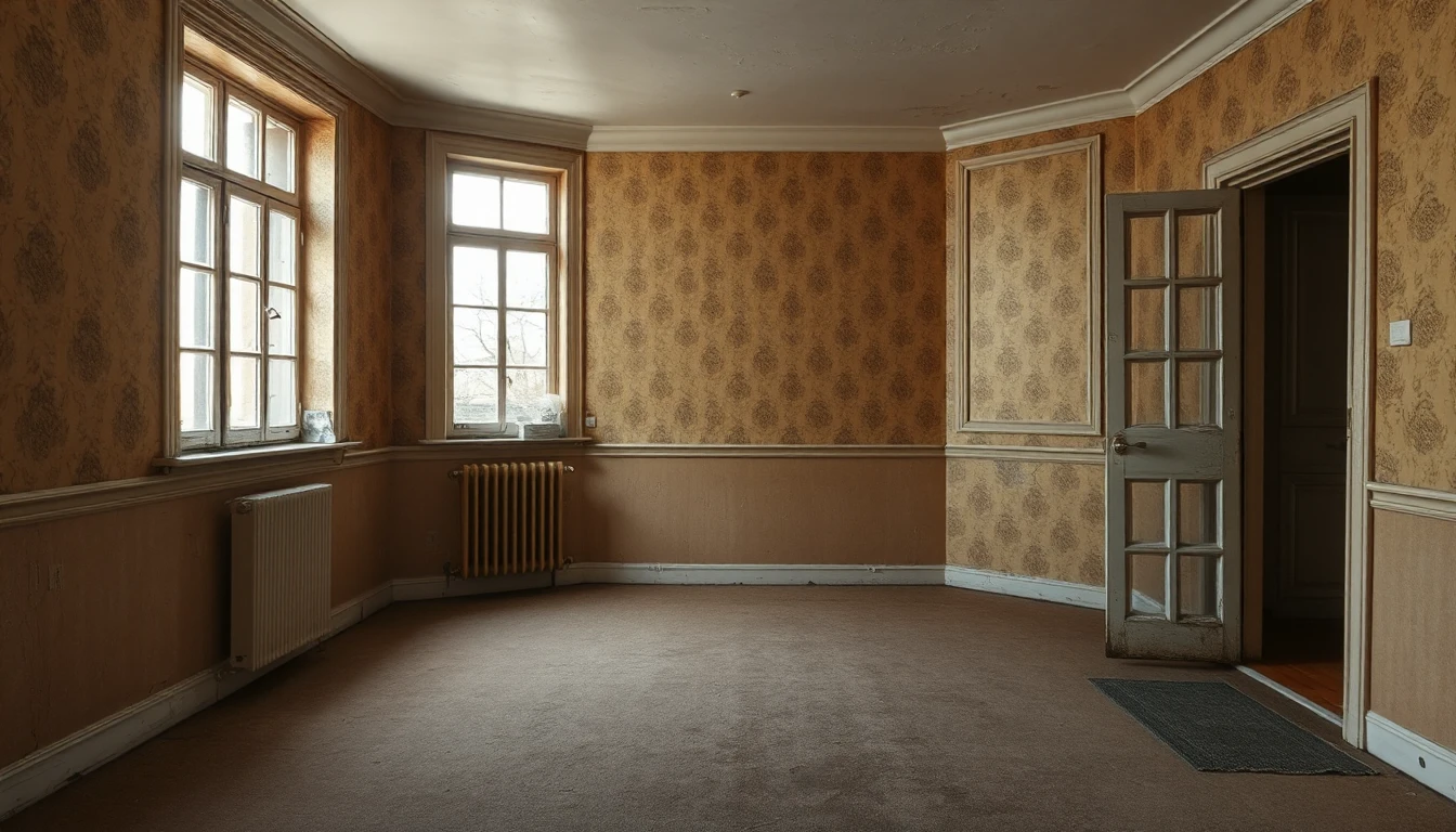KI-Symbolbild: Ein leeres, abgewohntes Zimmer mit vergilbter Mustertapete, altem Teppich und abgenutzter Tür.