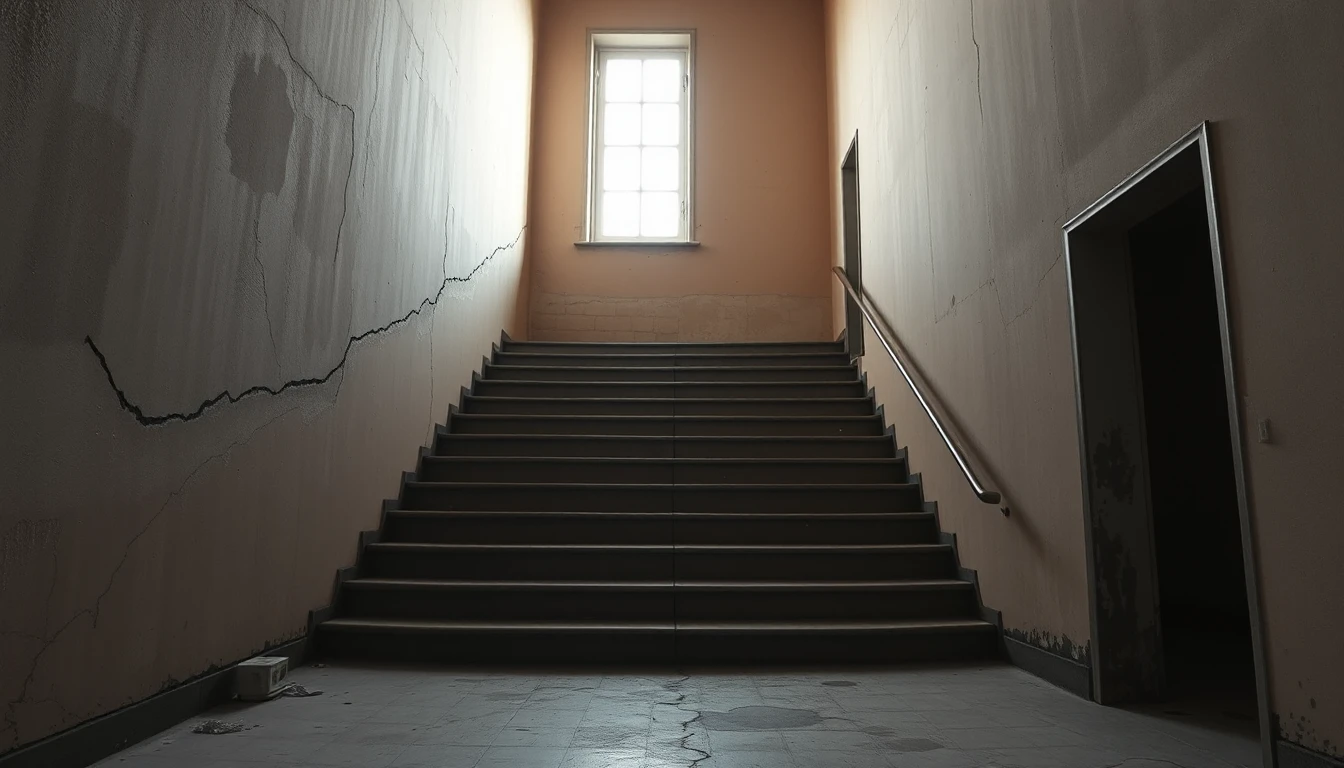 KI-Symbolbild: Ein schummriges Treppenhaus mit einem langen Riss in der Wand und einem hohen Fenster.