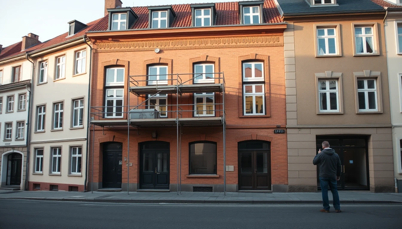 KI-Symbolbild: Ein Mann blickt von hinten gesehen auf ein Altbau-Stadthaus mit Gerüst an den Fenstern.