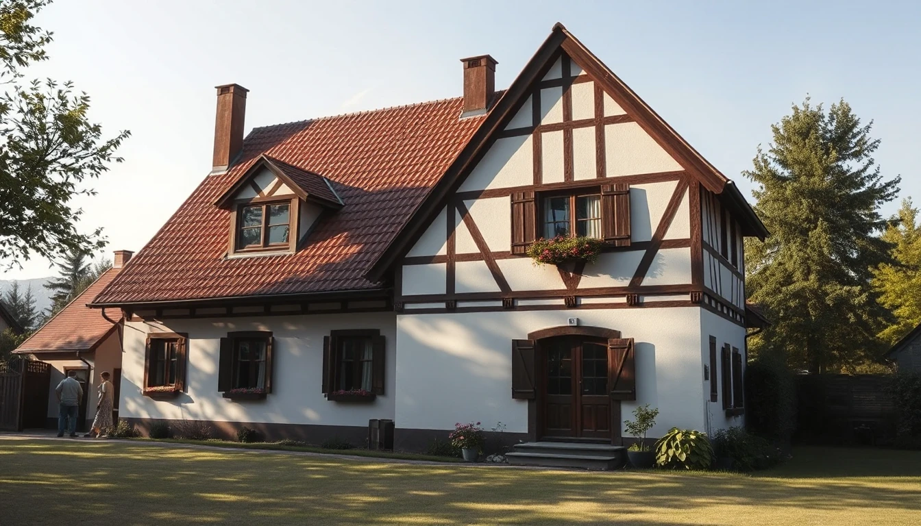 KI-Symbolbild: Ein Fachwerk-Einfamilienhaus mit Ziegeldach und Rasen im Spätsommerlicht, links klein zwei Personen am Gartenweg.