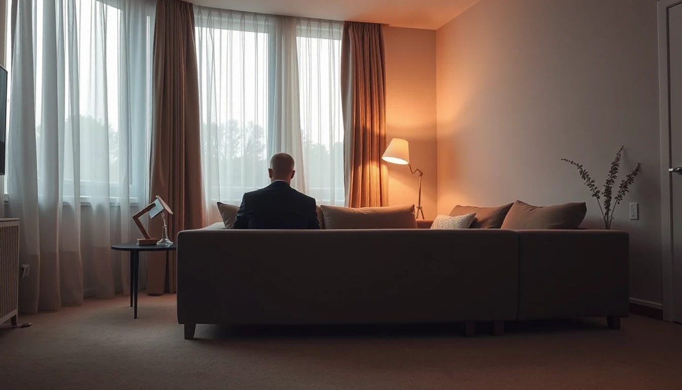 KI-Symbolbild: Ein abendliches Wohnzimmer mit Sofa, Stehlampe und halb geschlossenen Vorhängen, eine Person sitzt von hinten gesehen auf dem Sofa.