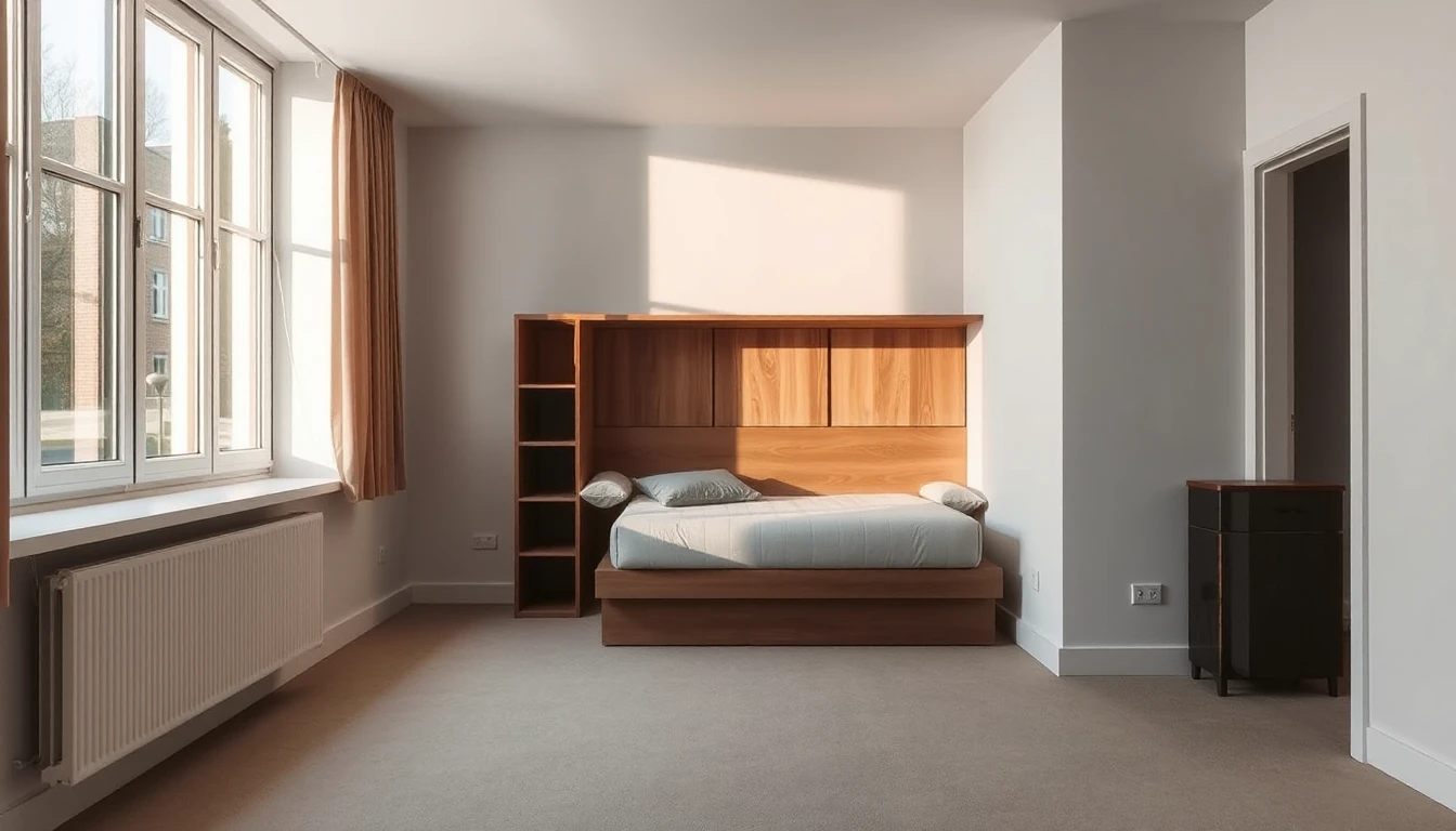 KI-Symbolbild: Eine kleine Einzimmerwohnung mit einer Bettnische hinter einem Holzregal, großem Fenster und Heizkörper im Morgenlicht.