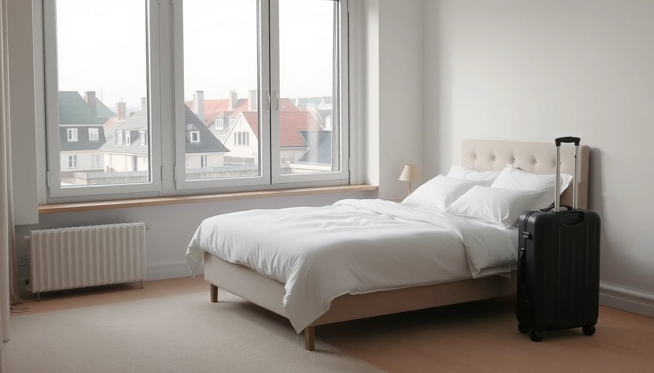 KI-Symbolbild: Ein helles Gästezimmer mit frisch bezogenem weißem Bett und einem Rollkoffer, durch das große Fenster Hausdächer.