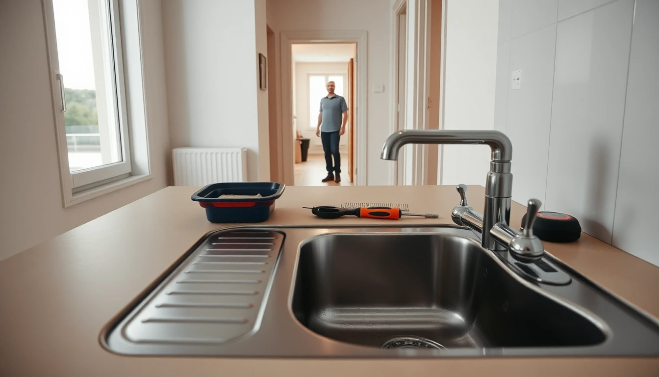 KI-Symbolbild: Eine Edelstahlspüle mit neuer Chromarmatur in einer Mietwohnung, daneben etwas Werkzeug, im Flur klein ein Handwerker.