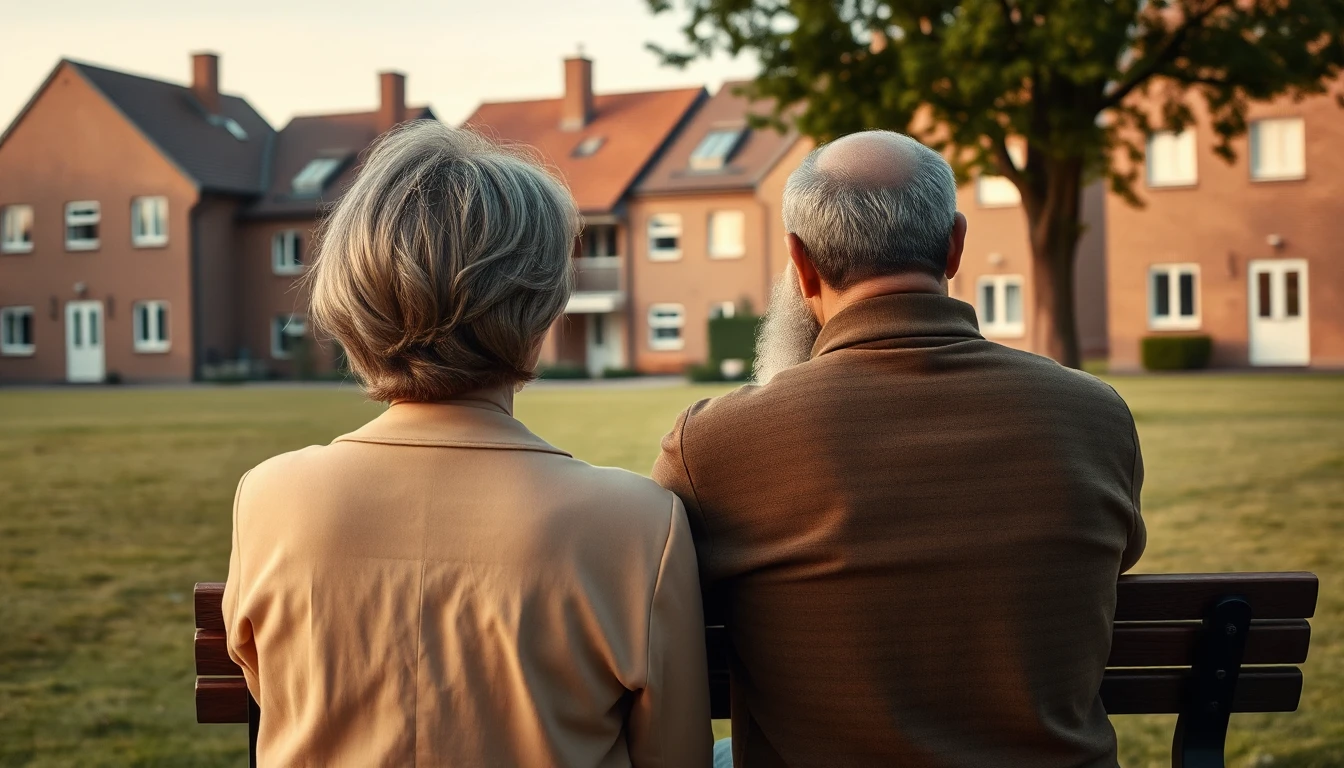 KI-Symbolbild: Eine grauhaarige Frau und ein bärtiger Mann sitzen von hinten gesehen auf einer Bank vor roten Backsteinhäusern einer Siedlung.
