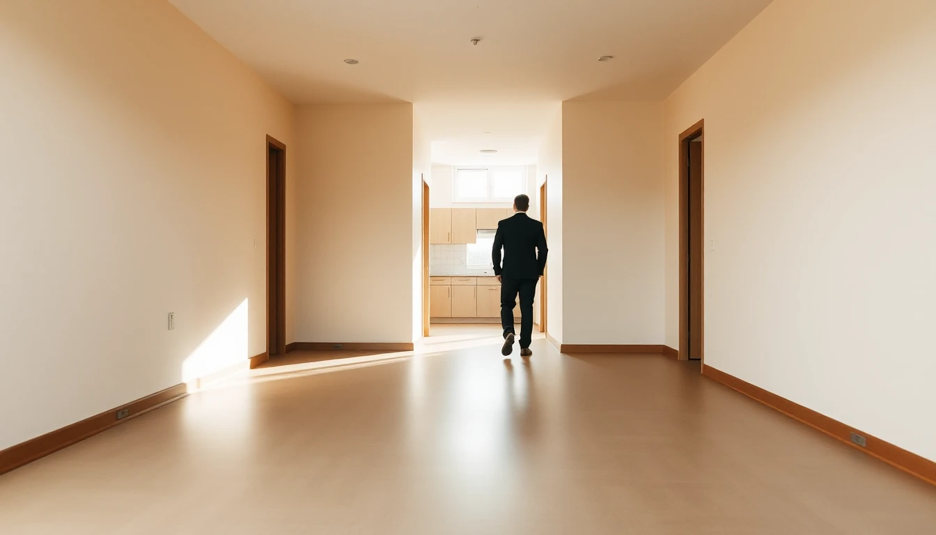 KI-Symbolbild: Ein Mann im dunklen Anzug geht von hinten gesehen durch eine leere, helle Wohnung auf die Küche zu.