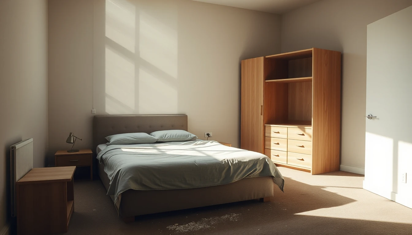 KI-Symbolbild: Ein unbenutztes möbliertes Zimmer mit gemachtem Bett, Nachttisch und Holzkleiderschrank im Nachmittagslicht.