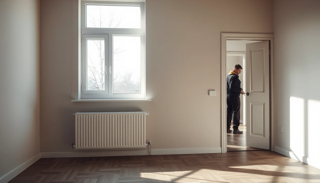 KI-Symbolbild: Ein weißer Heizkörper unter einem hohen Fenster in einem leeren Altbauzimmer, in der Tür klein ein Techniker.