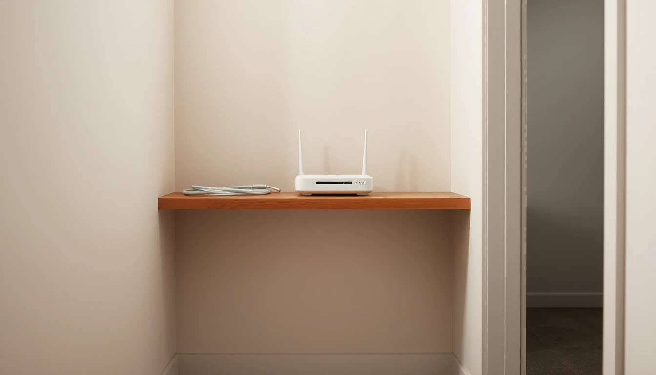 KI-Symbolbild: Ein schlichter weißer Router mit zwei Antennen und einem aufgerollten Kabel auf einem Wandbrett in einem leeren Flur.