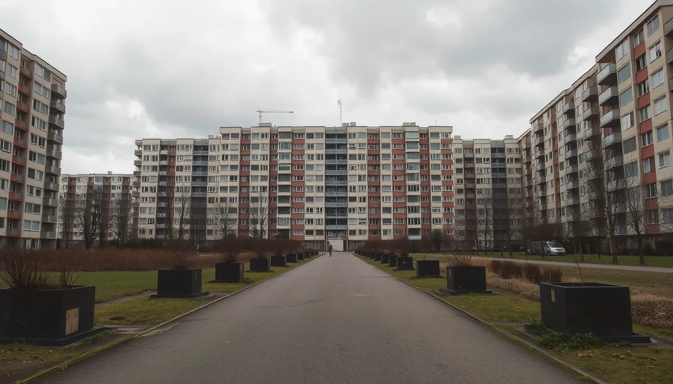 KI-Symbolbild: Eine große Hochhaussiedlung aus den 1970er-Jahren unter grauem Himmel, ein Weg mit Pflanzkübeln, in der Ferne klein eine Person.