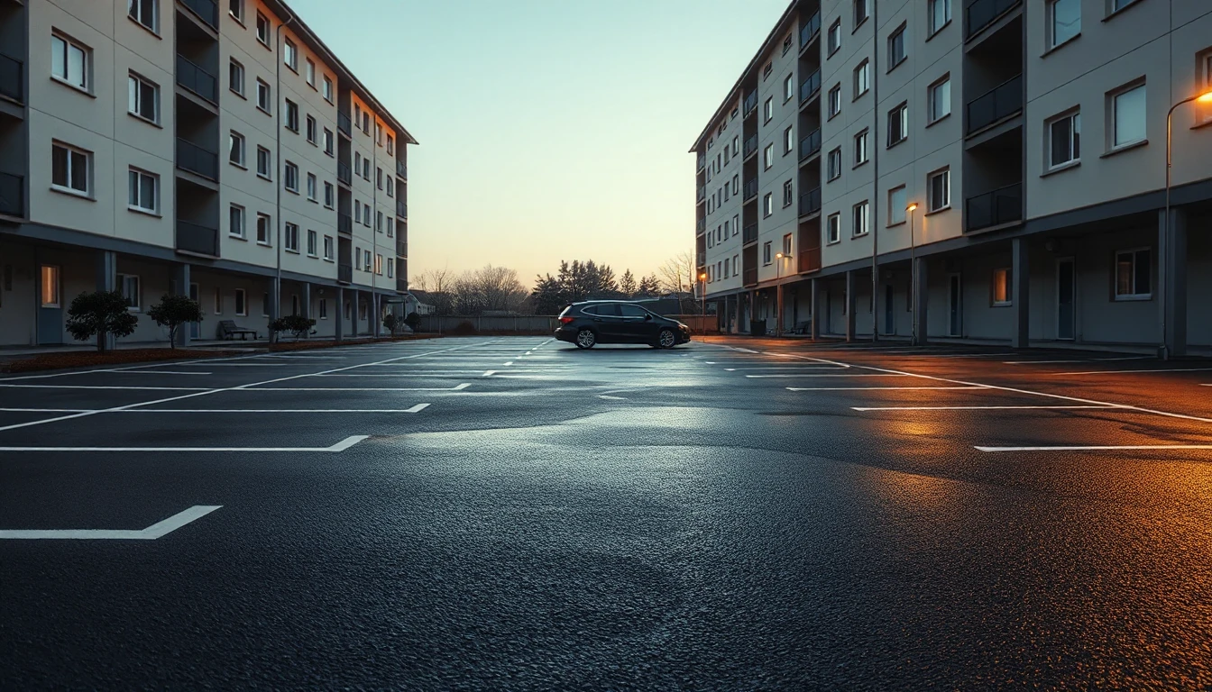 KI-Symbolbild: Ein Innenhof-Parkplatz hinter Wohnhäusern in der Morgendämmerung, auf dem nassen Asphalt steht weiter hinten ein dunkles Auto quer über den Stellplätzen.
