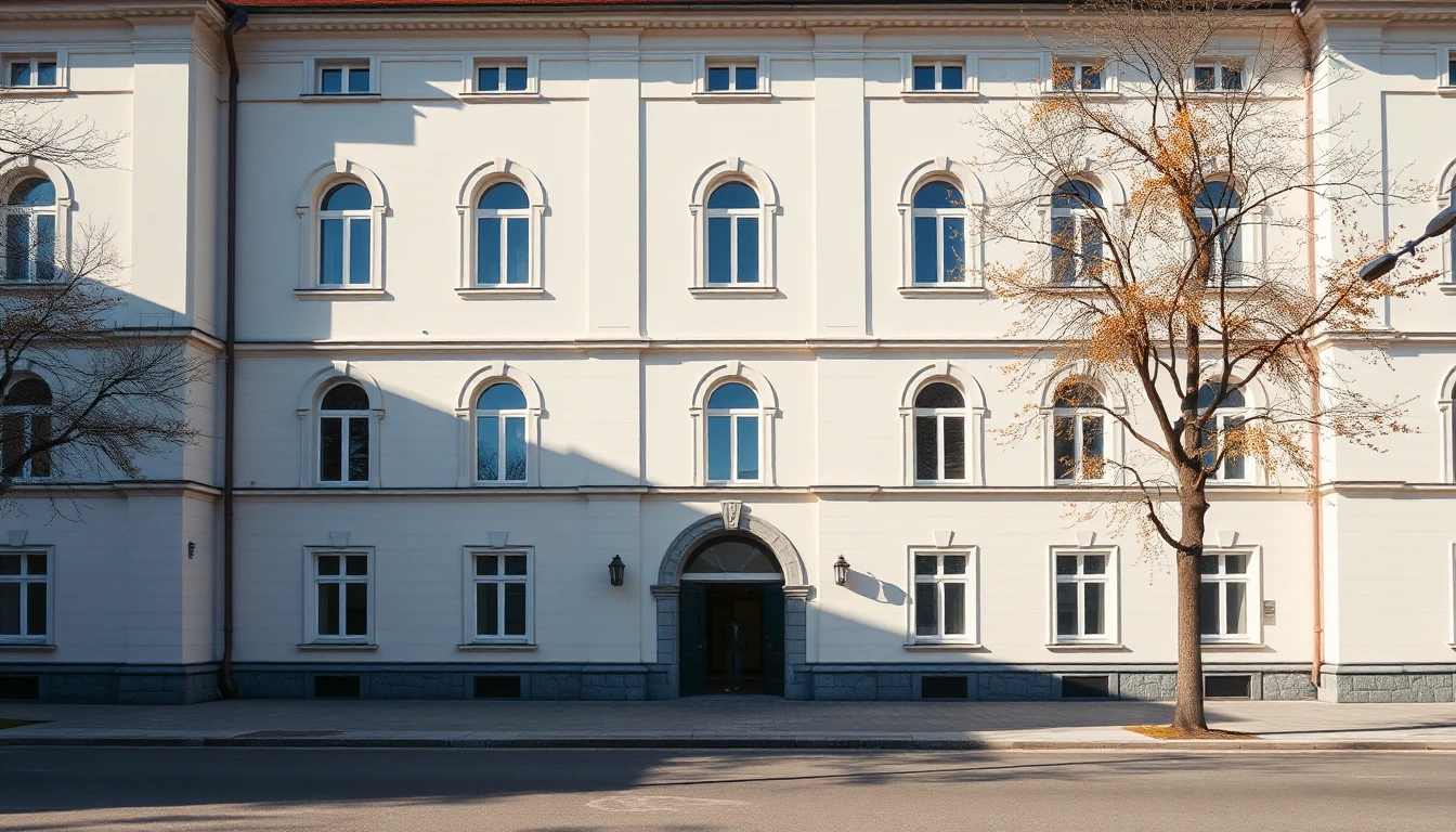 KI-Symbolbild: Die helle historische Fassade eines Gerichtsgebäudes mit Rundbogenfenstern an einem Herbstmorgen, im Eingang klein eine Person.