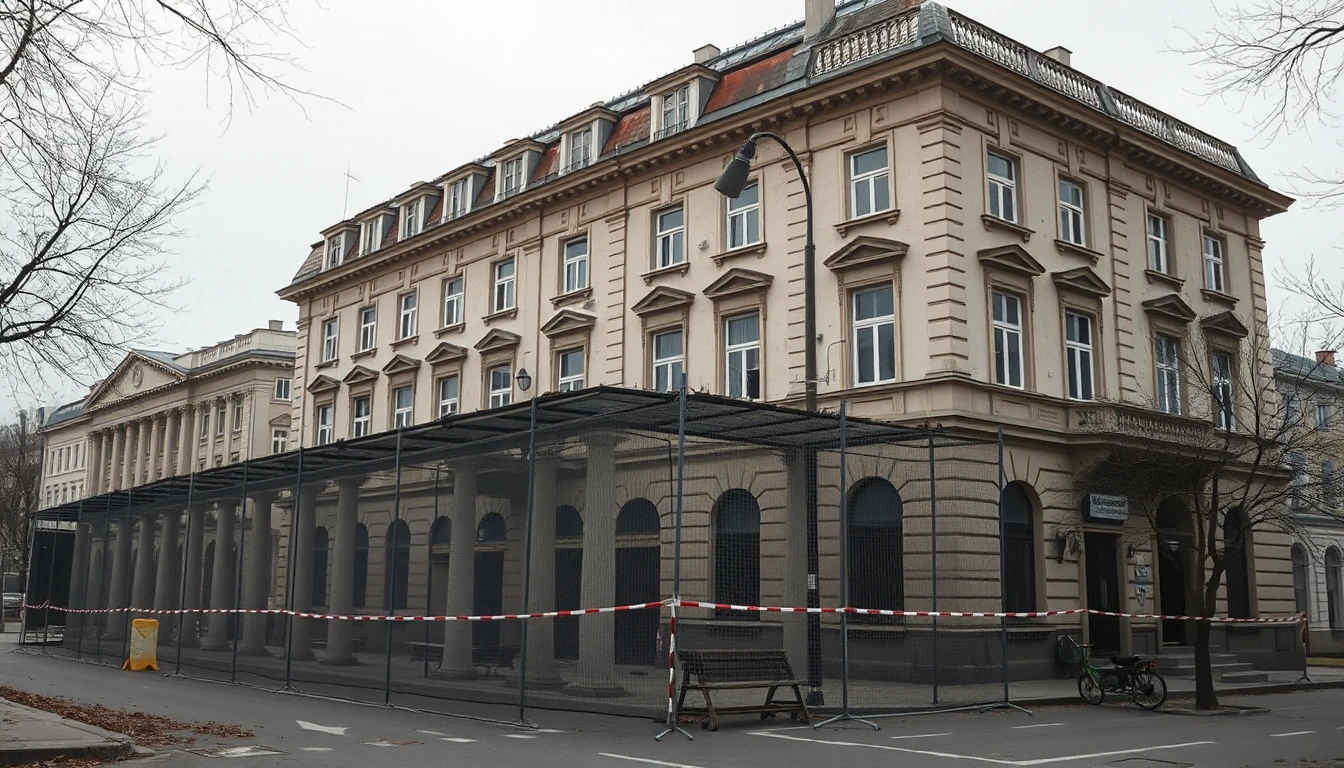 KI-Symbolbild: Ein großes Gründerzeit-Zinshaus mit einem abgesperrten, von Schutzgittern überdachten Gehsteigbereich an einem trüben Herbsttag.