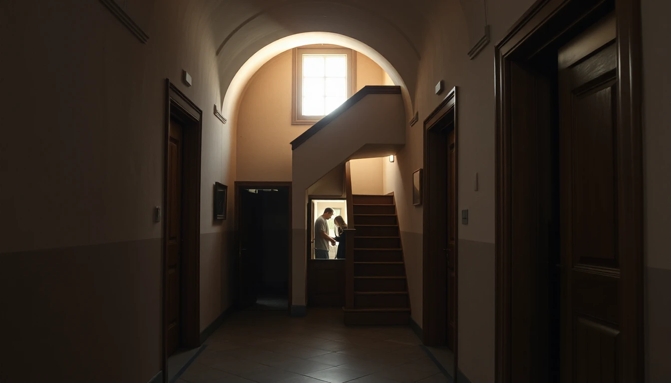 KI-Symbolbild: Ein gewölbter Gang in einem alten Mietshaus mit Holztüren und einer Stiege, durch deren Fenster Licht fällt; im Hintergrund unterhalten sich zwei Menschen.