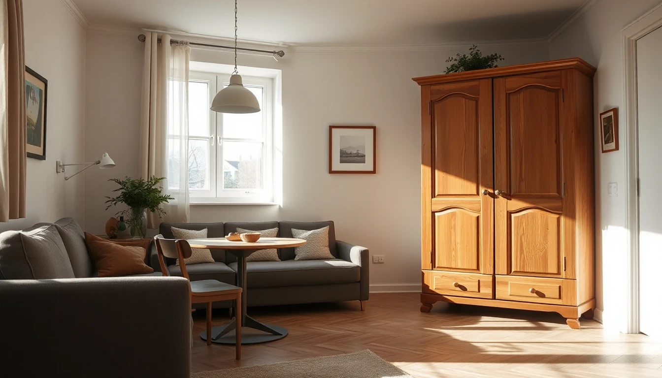 KI-Symbolbild: Eine möblierte Mietwohnung mit massivem Holzkleiderschrank, Sofa und kleinem Esstisch im weichen Nachmittagslicht.