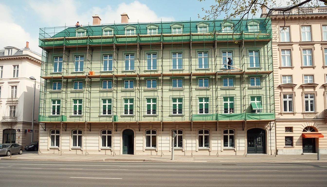 KI-Symbolbild: Altbau-Wohnhaus in Wien mit Baugerüst und grünem Schutznetz an der Fassade, auf dem Gerüst arbeiten kleine Handwerker.