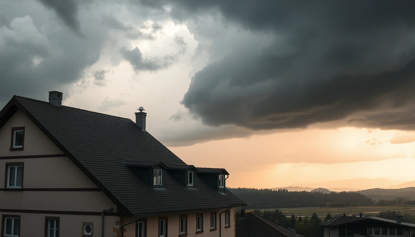 KI-Symbolbild: Ein Mietshaus mit steilem Dach unter dunklen Gewitterwolken, dahinter ein weites Tal im warmen Abendlicht.